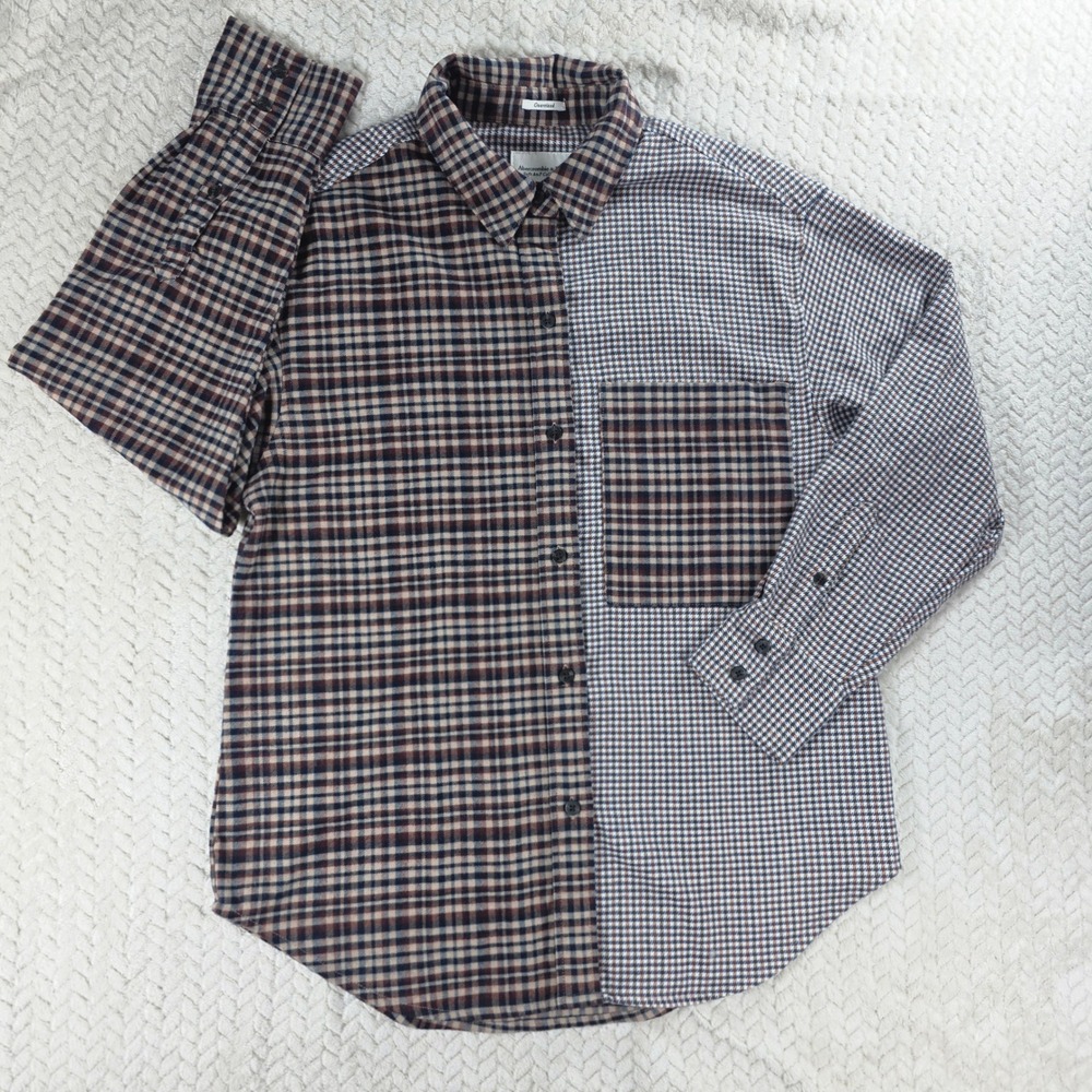 Abercrombie & Fitch Oversized Mixed Plaid Houndstooth Shirt Brown S Womens